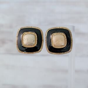 Vintage Clip On Earrings Black, Cream, Gold Tone Rounded Square Statement